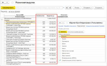 Отчет Розничные продажи у пользователя с профилем прав Продажи в программе 1С:Управление нашей фирмой (1С:УНФ) 1.6.17