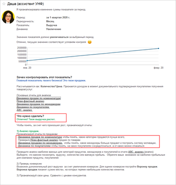 В открытой карточке показателя финансовый ассистент оценивает его значение и подсказывает возможные действия
