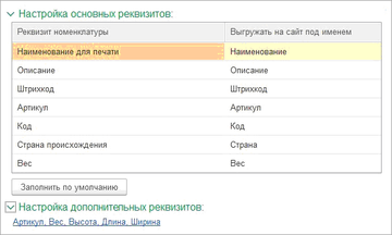 Для сопоставления доступны поля: Наименование, Наименование полное, Описание, Штрихкод, Артикул, Код, Страна происхождения, Вес