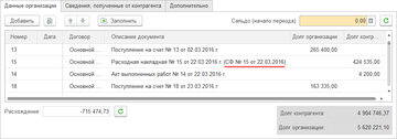Номера приходной накладной и ее счета-фактуры в сверке расчетов в программе 1С:Управление нашей фирмой (1С:УНФ) 1.6.15