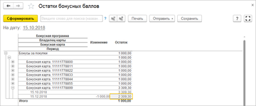 отчет Остатки бонусных баллов 1с унф 1.6 содержит информацию о остатках бонусных баллов, начисленных покупателям, указанную дату